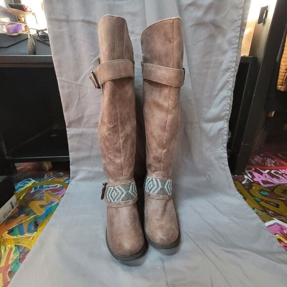 Not Rated brown knee-high boots with beaded straps - size 6.5, fuax leather - Picture 1 of 14